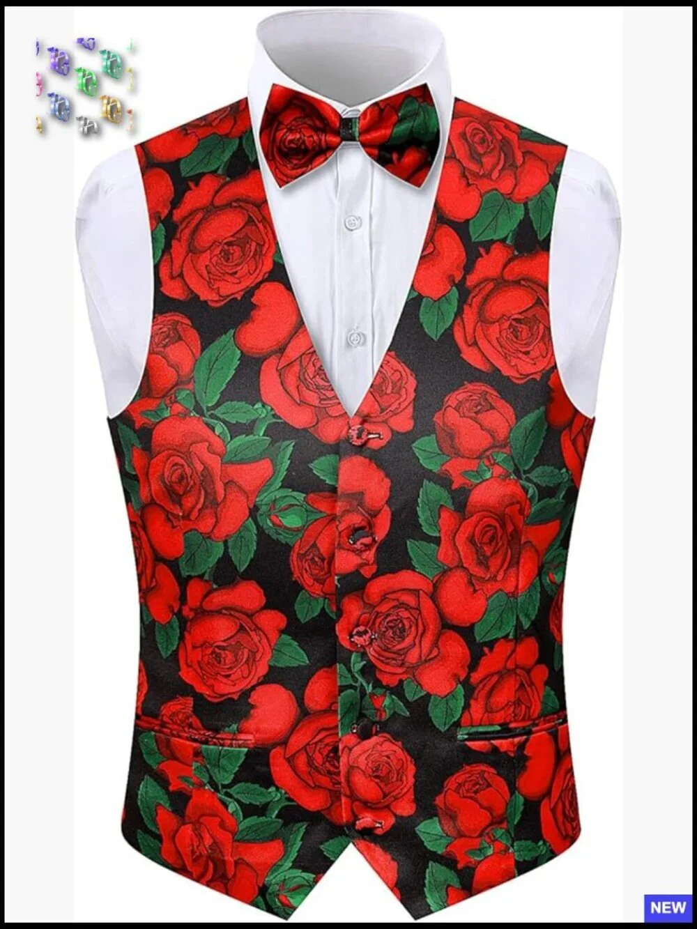 Men's V-Neck Suit Vest with Bowtie Floral Pattern Relaxed Fit Valentine's Day